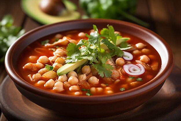 Close-up van een lepel Pozole die over een schaal zweeft