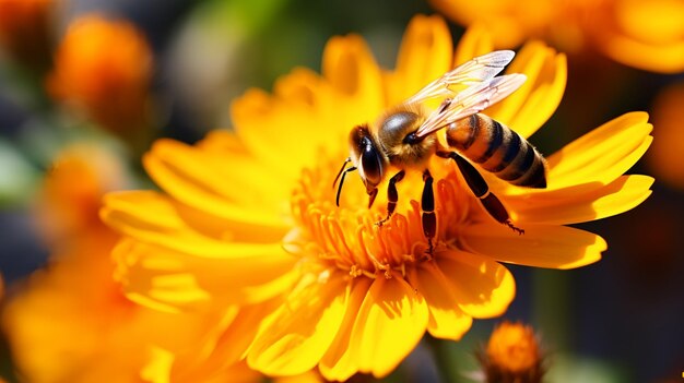 Close-up van een levendige bloem met een bij die nectar verzamelt AI Generatief