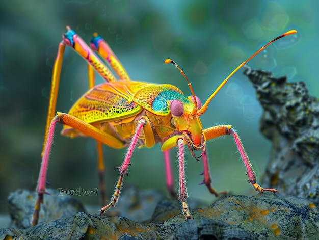 Close-up van een levendige gekleurde sprinkhaan op een natuurlijke groene achtergrond in gedetailleerde macrofotografie