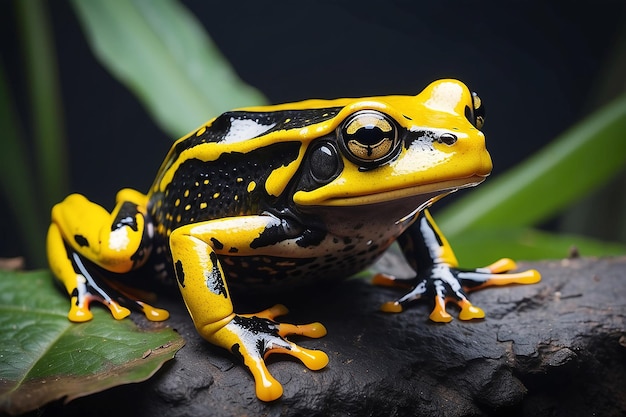 Close-up van een levendige gele en zwarte kikker in een wilddocumentaire opname Generatieve AI