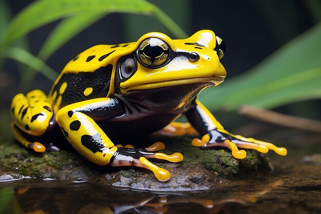 Close-up van een levendige gele en zwarte kikker in een wilddocumentaire opname Generatieve AI