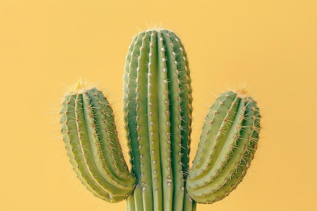 Close-up van een levendige groene cactus tegen een gele achtergrond