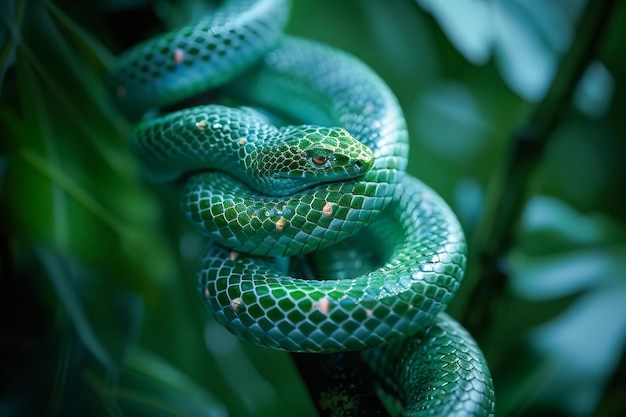Close-up van een levendige groene slang rond een tak in een weelderige regenwoudomgeving met