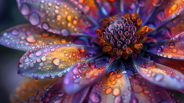 Close-up van een levendige paarse bloem met glinsterende waterdruppels op de bloemblaadjes
