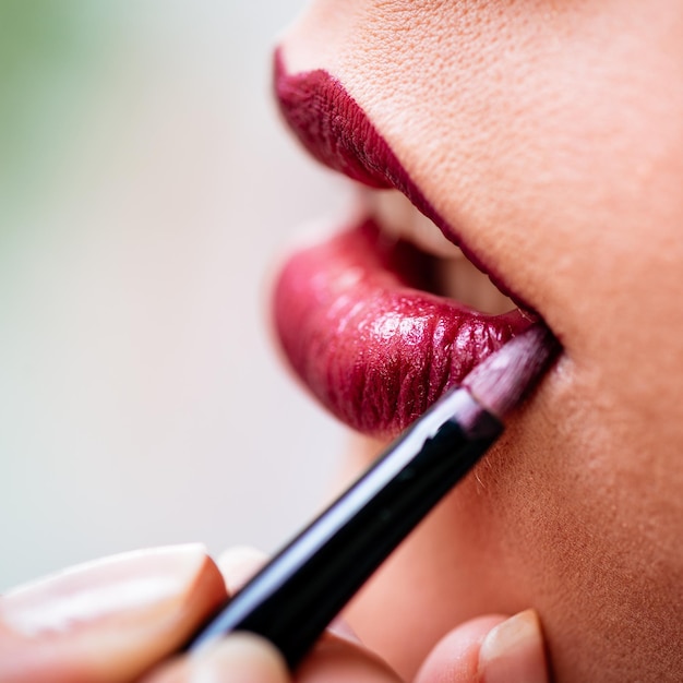 Close up van een make-up artiest die perfecte rode lippenstift toepast om te modelleren.