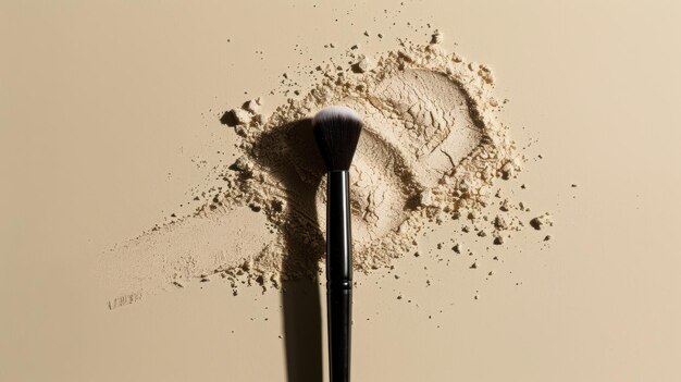 Foto close-up van een make-up penseel en poeder explosie op een beige achtergrond