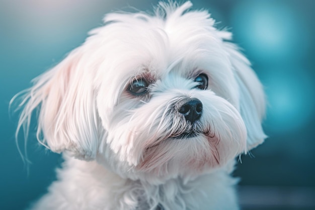 Close-up van een Maltese hond met een blauwe pastelkleurige achtergrond Hondenmodefoto Generatieve AI