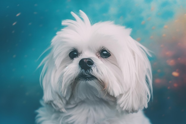 Close-up van een Maltese hond met een blauwe pastelkleurige achtergrond Hondenmodefoto Generatieve AI