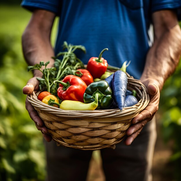 Close-up van een man boer met een mandje met groenten in haar handen Gezond eten concept en liefde voor gezond eten