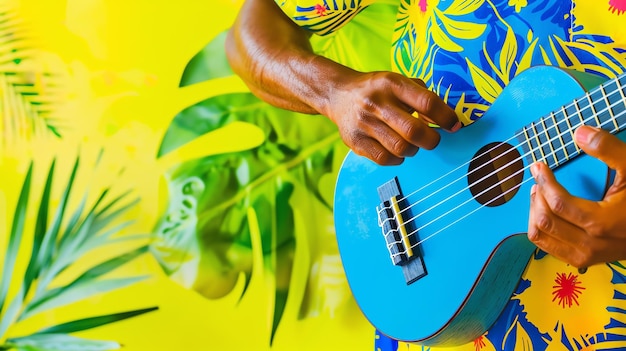 Foto close-up van een man die de ukulele speelt de man draagt een kleurrijk shirt en de achtergrond is geel met groene bladeren