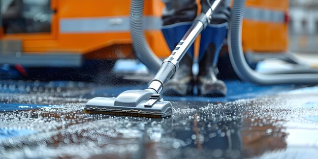 Foto close-up van een man die een moderne stofzuiger gebruikt voor schoonmaakdiensten concept construction cleaning modern vacuum cleaner close-up shot professional services