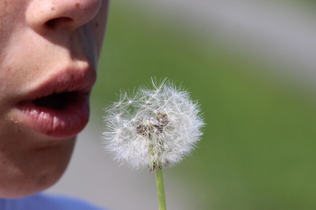 Close-up van een man die een paardenbloem blaast