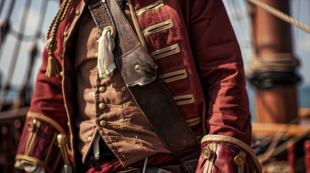 Foto close-up van een man die piratencharme uitstraalt in een gedetailleerd kostuum