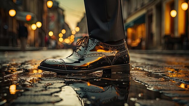 Foto close-up van een man met benen in zwarte leren schoenen die op straat lopen