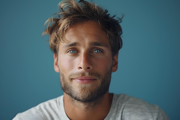 Foto close-up van een man met blauwe ogen, baard en glimlach.