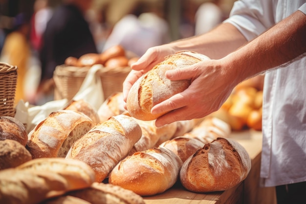 Close-up van een man met brood op de straatmarkt