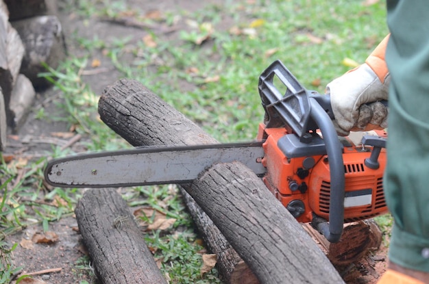 Close-up van een man39s-hand die een kettingzaag op een halfgesneden boomstam houdt
