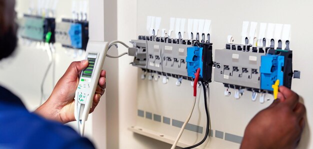 Foto close-up van een mannelijke elektricien die werkt in een schakelbord met een elektrische aansluitkabel