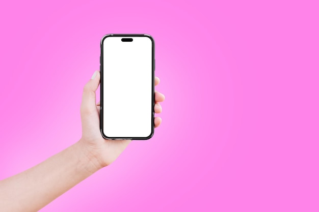 Close-up van een mannelijke hand die een smartphone vasthoudt met een leeg scherm geïsoleerd op een kleurrijke achtergrond van roze kleur Mockup concept