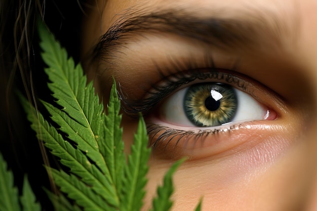 Foto close-up van een marihuanablad bij het oog van het meisje