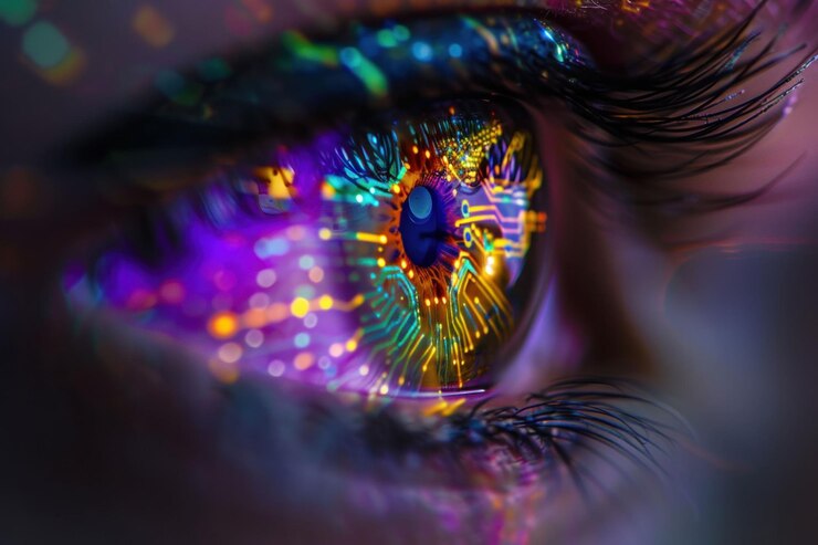 Foto close-up van een menselijk oog dat levendige kleurrijke circuitspatronen op het oppervlak weerspiegelt en een futuristisch en digitaal concept creëert