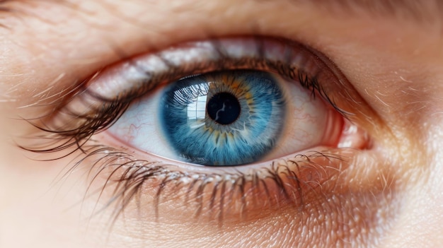 Close-up van een menselijk oog met een blauwe pupil