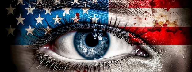 Close-up van een menselijk oog met een getekende Amerikaanse vlag gemaakt met Generative AI