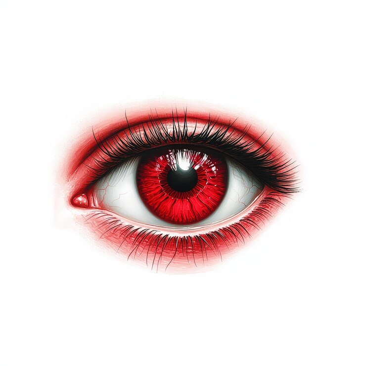 Close-up van een menselijk oog met rode iris