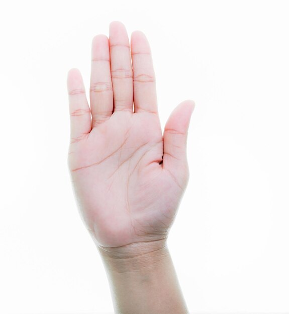 Foto close-up van een menselijke hand op een witte achtergrond