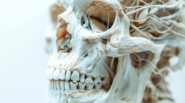 Close-up van een menselijke schedel met ingewikkelde zenuwstructuren die de anatomische complexiteit benadrukken