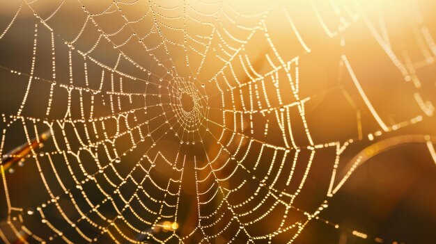 Close-up van een met dauw bedekte spinnenweb die schittert in het ochtendlicht van de zonsopgang en de ingewikkeldheid van de natuur toont