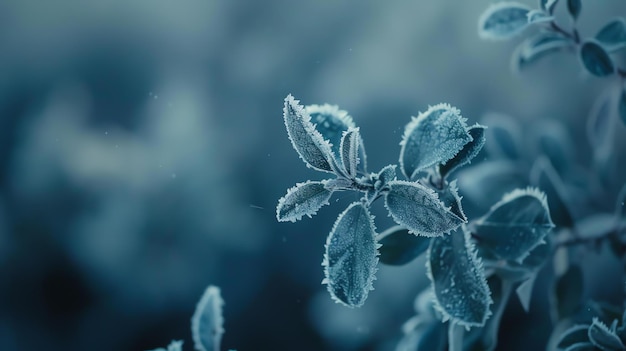 Close-up van een met vorst bedekte plant met een vervaagde achtergrond in blauwe tinten