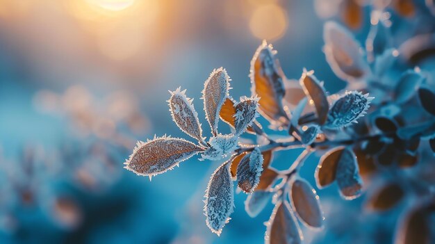 Close-up van een met vorst bedekte plant met een wazige achtergrond in blauwe en oranje tinten