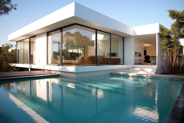 Close-up van een modern luxe huis met een zwembad