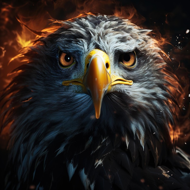 Close-up van een mooi beeld van een kale adelaar met een vlam klaar voor de jacht Generatieve AI