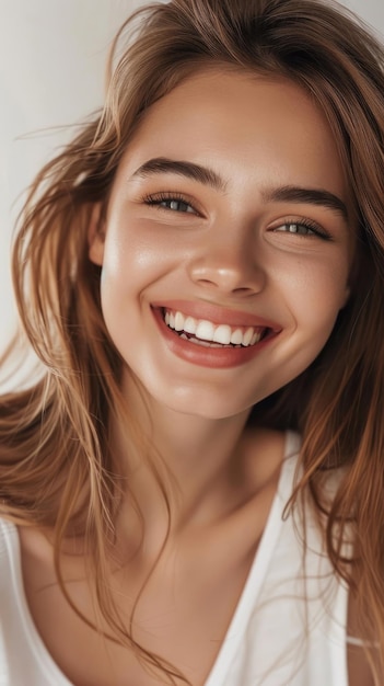 Close-up van een mooi glimlachend tienervrouw gezicht met schone gezonde witte tanden en mooie lip