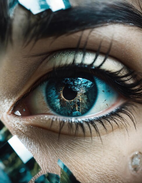 Close-up van een mooi vrouwelijk oog met gebroken glas effect Fantasie beeld ai generatief
