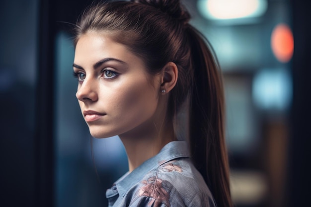 Close-up van een mooie brunette vrouw met haar haar in een paardenstaart gemaakt met generatieve ai