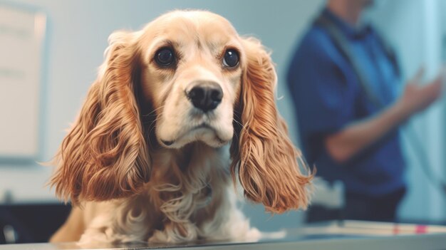 Foto close-up van een mooie cocker-spaniël bij de dierenarts