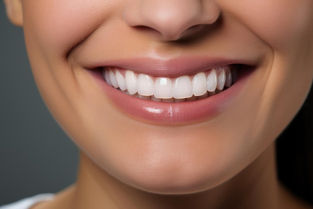 Close-up van een mooie glimlachende vrouw met gezonde tanden Dental care concept Close-up van een glimlach van een vrouw met mooie witte tanden AI Generated