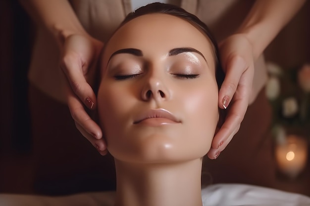 Close-up van een mooie jonge vrouw met een hoofd- of gezichtsmassage in een spa salon wellness