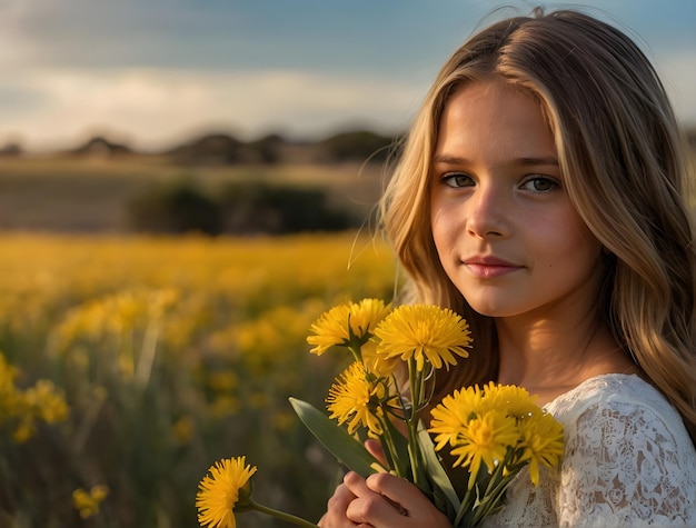 Close-up van een mooie jonge vrouw met gele bloemen