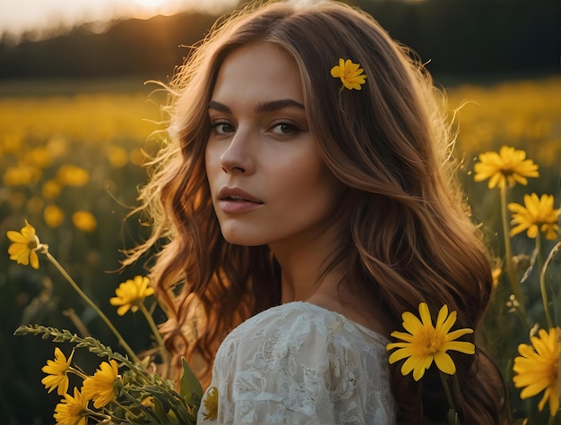Close-up van een mooie jonge vrouw met gele bloemen