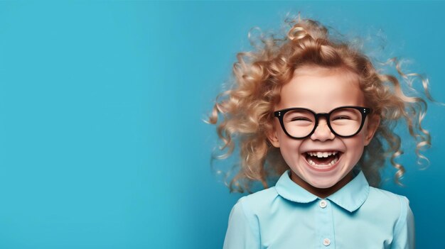 Close-up van een mooie krullende blonde vrouw met een bril en een blauw shirt die naar de camera kijkt