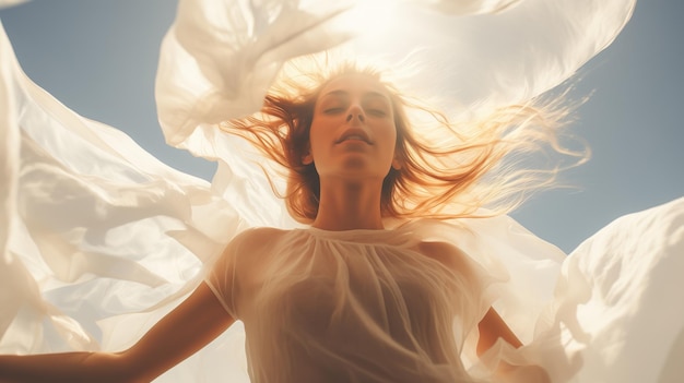 Foto close-up van een mooie vrouw in wit gaas die in de lucht drijft