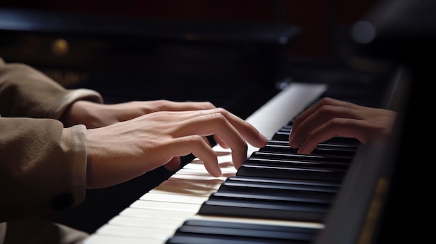 Close-up van een muzikant die een pianotoetsenbord bespeelt