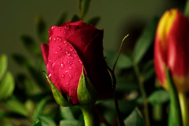 Close-up van een natte rode roos