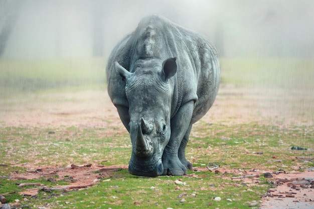 Close-up van een neushoorn op het veld