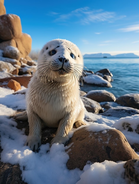 Close-up van een nieuwsgierige zeehond bij de kustlijn met een schilderachtige achtergrond