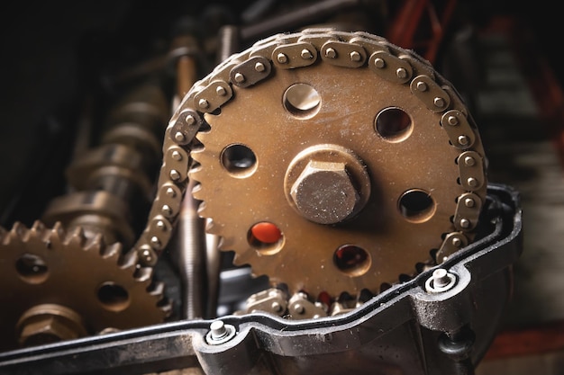 Foto close-up van een nokkenasversnelling op een zestien kleppenmotor in een autowerkplaats